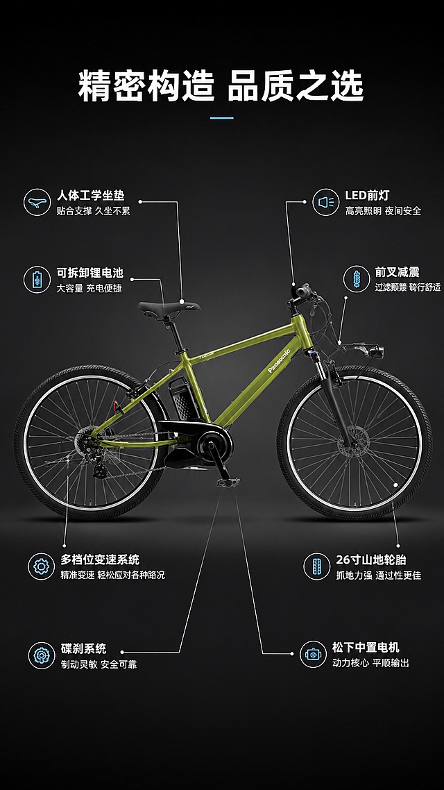 [第3屏] 详情页结构解析-整车关键部件引线标注。本屏使用【图1】作为产品主体，保持橄榄绿色松下山地助力自行车所有结构与颜色完全一致。
[氛围/风格] 专业技术风，精密严谨，工业质感，信息清晰易读。
[元素布局] 自行车侧视全貌居中展示，占比约55%-60%，车身水平摆放；从各关键部件引出细白线连接到左右两侧的标注说明；标注点包括：中置松下电机、车架下管锂电池、前叉减震器、多档位变速系统、碟刹系统、人体工学坐垫、LED前灯、26寸山地轮胎；背景为深灰渐变，突出产品轮廓。
[光影质感] 左右均匀布光，突出金属车架质感与部件细节，阴影柔和，整体清晰锐利。
[配色色系] 全局底色深灰渐变#2A2A2A到#1A1A1A，主色橄榄绿车身，辅助色白色引线与文字、银灰部件色，点缀色松下蓝#0051A2。
[视角构图] 正侧视水平视角，产品居中，引线左右对称分布，阅读动线从中心产品向两侧扩散。
[文字版式] 顶部主标题「精密构造 品质之选」白色粗黑体；8处引线标注，每处含部件名称+短说明：如「松下中置电机」+「动力核心 平顺输出」、「可拆卸锂电池」+「大容量 充电便捷」、「前叉减震」+「过滤颠簸 骑行舒适」等；标注文字白色，名称加粗，说明常规字重；引线为细白线加圆点端点。
[比例分辨率] 9:16竖版比例，4K分辨率，文字清晰可辨，高清画质。
[负向提示词] 车身变形，缺件错件，颜色偏差，结构错误，引线错乱，文字模糊，水印，背景杂乱。