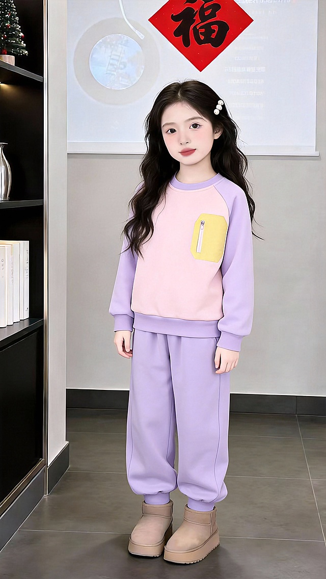 把图1的衣服和裤子给图的2的人物穿上，保留原场景光影，保持图2的人物的五官和发型不变，图片宽高尺寸不变，背景不变，鞋子不变，人物姿势变为双手自然顺垂在身侧，保持图1的衣服和裤子的款式和颜色不变