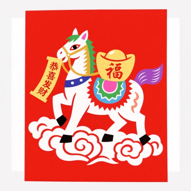 彩色拟人小马驮着带 “福” 字的金色元宝，嘴里叼着“恭喜发财”的对联，马蹄下有祥云，动态感，红色背景预览效果