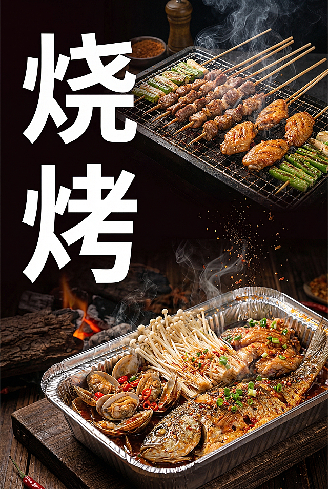 制作一张烧烤主题宣传海报，保持原图比例，深色背景，搭配烧烤美食图片，左侧竖排大字"烧烤"，右侧搭配烤串、锡纸烧烤菜品图，整体风格是餐饮美食宣传海报，设计布局参考原图结构