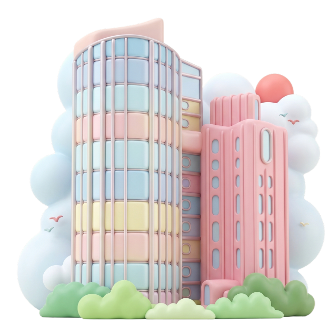 将这张建筑图片优化为C4D风格，整体造型可爱萌萌哒，保留建筑的基本结构特征，色彩明亮柔和，有卡通质感预览效果