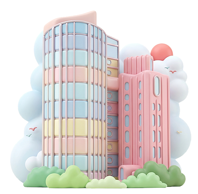 将这张建筑图片优化为C4D风格，整体造型可爱萌萌哒，保留建筑的基本结构特征，色彩明亮柔和，有卡通质感