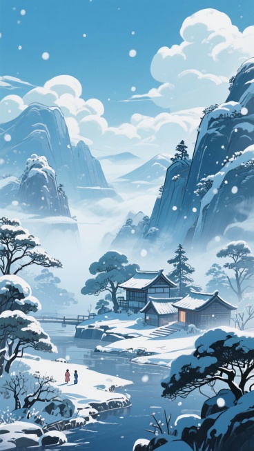 二次元古风，下雪，群山，树，房子，雾气，云，浅蓝色，细节丰富，元素多样，9:16,不要人物，生成2张预览效果