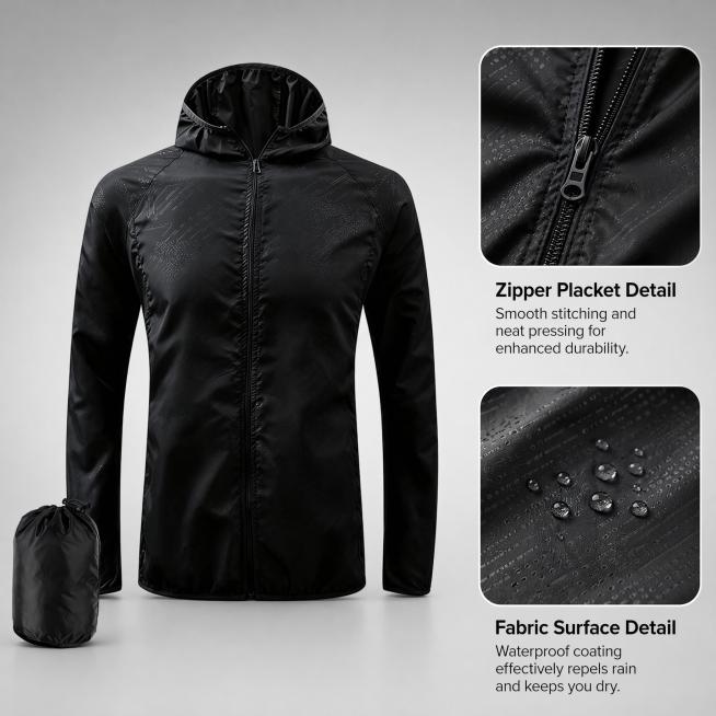 [Main Image 4] Detail close-up display of men's black lightweight jacket. The main picture shows the预览效果