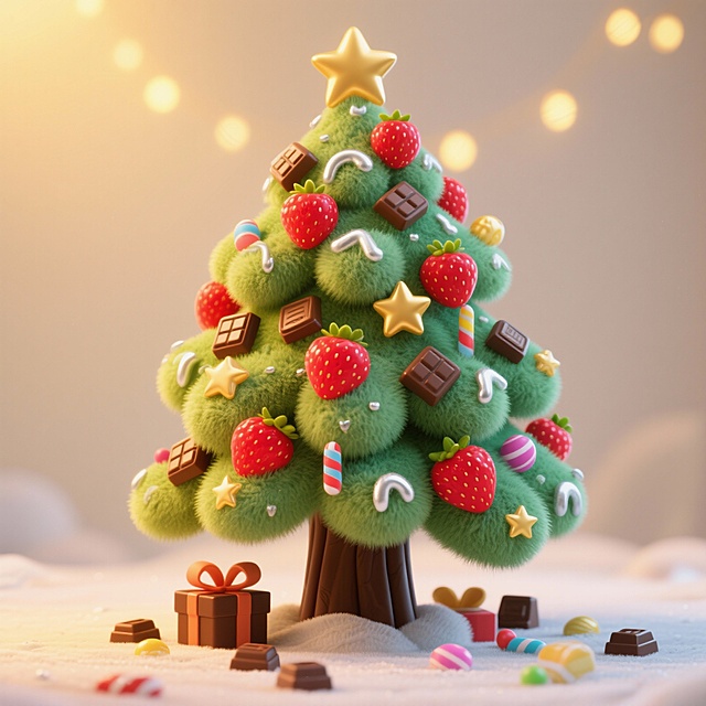 软3D风毛绒圣诞树，点缀草莓与巧克力，温馨梦幻，充满甜蜜可爱感，节日氛围浓厚。