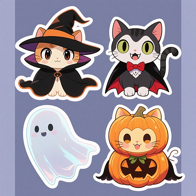 4个不同造型的万圣节小猫变装元素，每个小猫有描边。上下两行整齐排列，不重叠，纯色背景。