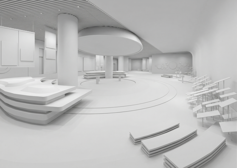 将这张展馆效果图还原为白色素模，保留当前的所有空间结构、层次关系和建筑结构，去除所有色彩、装饰、展品、文字、人物和墙面图案，所有结构均为素白色调预览效果