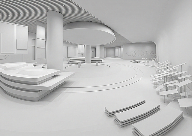 将这张展馆效果图还原为白色素模，保留当前的所有空间结构、层次关系和建筑结构，去除所有色彩、装饰、展品、文字、人物和墙面图案，所有结构均为素白色调