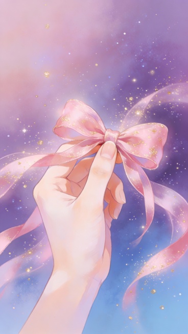 生成一个手拿着一个蝴蝶结的图片，画面梦幻，有意境预览效果