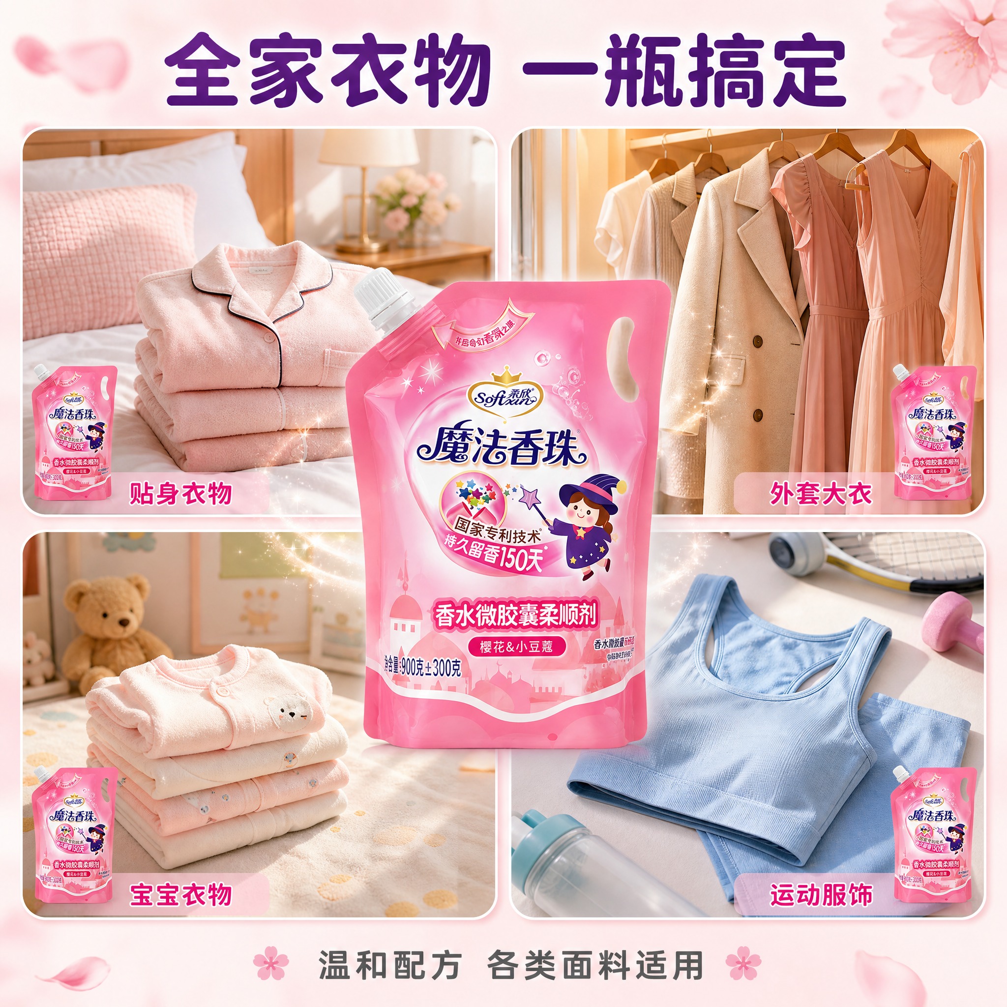 [主图-4] 多场景适用展示，用宫格图展示柔顺剂在不同生活场景… - 图片创意预览