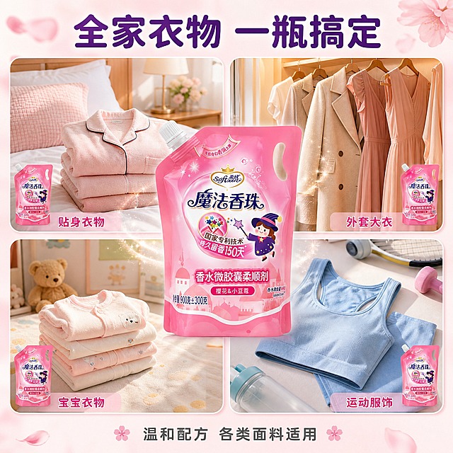 [主图-4] 多场景适用展示，用宫格图展示柔顺剂在不同生活场景的使用，体现多用性与日常感。
[统一基调] 抖音1:1主图，洁净生活风格，明亮自然光，高亮通透，主色为柔粉色与洁净白，辅助色为浅蓝与樱花粉，标题字为深紫色粗体无衬线，辅助字为深灰色，强调色为玫粉色，字体统一圆润无衬线体，卡片圆角轻阴影，整体温馨清爽有生活感。
[画面] 四宫格场景图，左上：卧室场景，叠好的柔软睡衣放在床上，旁边有产品小图；右上：衣帽间场景，挂着的大衣与连衣裙顺滑有光泽；左下：儿童房场景，宝宝的柔软衣物叠放整齐；右下：运动场景，运动服清新无异味。画面中央偏上位置放一袋完整产品，每格场景都有淡淡的香氛粒子效果点缀。
[光影质感] 商业摄影质感，每个宫格都是明亮自然光，色调统一温暖，产品居中清晰，整体和谐有生活气息。
[配色] 整体暖色调，各场景有各自主色但统一在明亮暖调中，产品粉色贯穿视觉，标题深紫，整体温馨丰富。
[文字版式] 顶部大标题"全家衣物 一瓶搞定"，每个宫格右下角有短标签："贴身衣物""外套大衣""宝宝衣物""运动服饰"，底部一行小字"温和配方 各类面料适用"，文字简洁不抢画面。
[输出要求] 1:1正方形，2K高清，文字清晰，产品清晰不变形，四宫格排版整齐，场景真实有代入感，无错字，无水印，无平台Logo。
