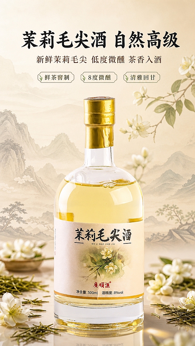 [商品] 使用【图1】广顺汇茉莉毛尖酒透明玻璃瓶，瓶内淡黄色酒液，金色瓶盖，米白色标签印有黑色书法体「茉莉毛尖酒」、红色「广顺汇」品牌名、「净含量:500ml 酒精度:8%vol」字样；保留瓶身结构、比例、颜色、材质、标签文字和图案，不做任何修改。
[画面] 目标：头图海报，突出茉莉毛尖茶酒的自然高级与东方雅致氛围。构图：上文下图，顶部留白放标题文案，中部偏下为产品主体，产品占画面约65%。前景：散落几朵新鲜茉莉花与毛尖茶叶，浅景深虚化。中景：酒瓶正面微侧45度，酒液通透有光泽，瓶底有柔和倒影。背景：浅米杏色渐变，隐约有中式水墨山水纹理与茉莉花枝剪影，层次丰富，≥3层视觉元素。整体氛围清雅温润，茶香酒香交融的高级感。
[视觉] 套系策略：风格=东方雅致新中式商业摄影；标题字=书法衬线粗体（宋楷风格）；正文字=现代简洁宋体；主色=米杏暖白；背景延展=基于米杏色做深浅渐变、水墨纹理和宣纸质感；强调色=茉莉白+茶绿，仅用于小面积图标、引线和装饰元素；标题色=深墨黑；正文色=暖棕灰；组件=圆角浅底信息卡、细线引线、茉莉花装饰元素；光影=左前侧柔和自然光，瓶身有高光，底部有自然倒影。
[文字] 顶部居中排版，主标题「茉莉毛尖酒 自然高级」（8字），副标题「新鲜茉莉毛尖 低度微醺 茶香入酒」（14字），下方3个短卖点胶囊：① 鲜茶窨制 ② 8度微醺 ③ 清雅回甘。文字区不遮挡瓶身主体和标签核心信息。所有文字横向排版，移动端清晰可读。
[规格] 图片比例9:16竖版，4K分辨率，负向提示：避免瓶身变形、标签文字错乱、冷蓝灰背景、文字竖排、文字过小、极限词、虚假功效宣传、水印、二维码。