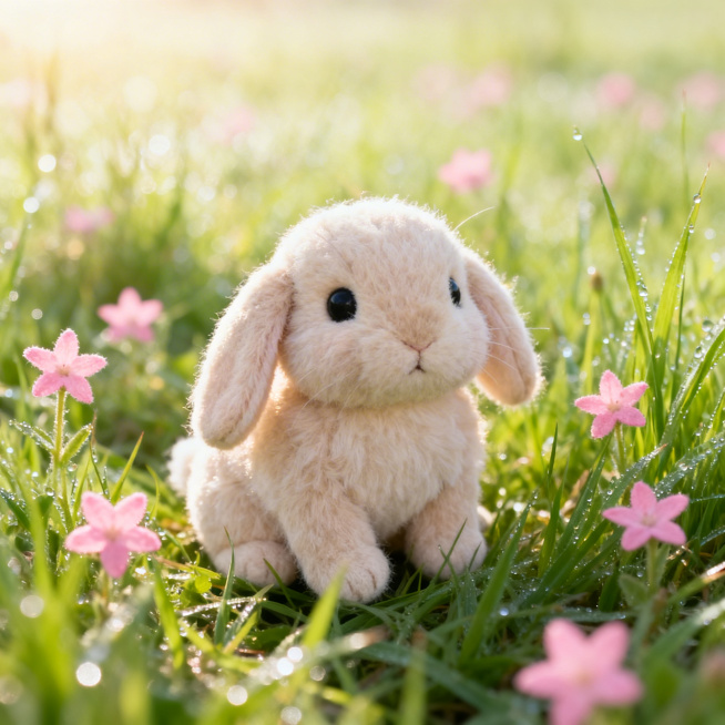 一只可爱的毛绒小兔子，在青绿色的草地上，周围有淡粉色的野花，阳光柔和，画面清新自然，治愈风格预览效果