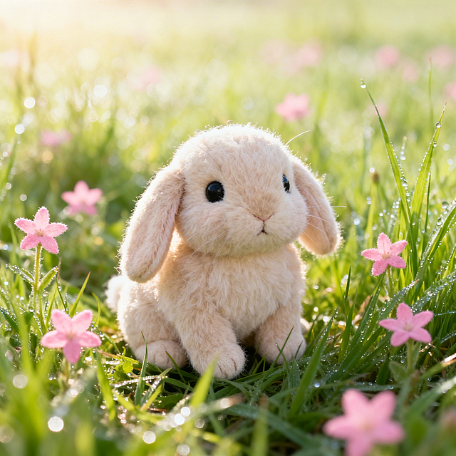 一只可爱的毛绒小兔子，在青绿色的草地上，周围有淡粉色的野花，阳光柔和，画面清新自然，治愈风格