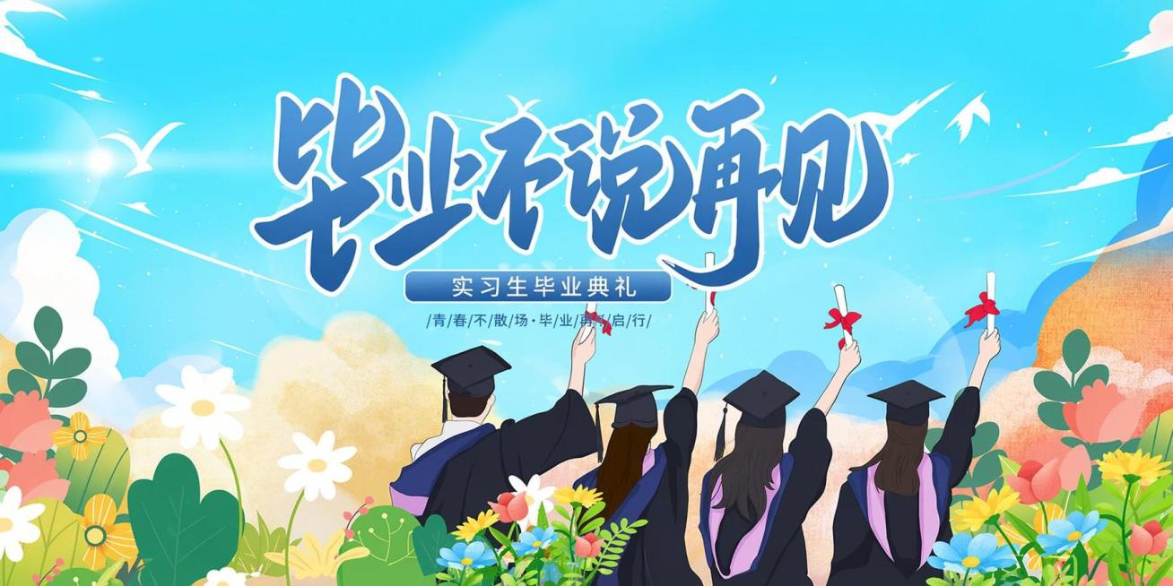 去除图片上所有水印，将蓝色框内的文字“2023XX大学毕业典礼”修改为“实习生毕业典礼”，保持整体插画风格和构图不变，保留原有文字“毕业不说再见”和“/青/春/不/散/场·毕/业/再/启/行/”，保留预览效果