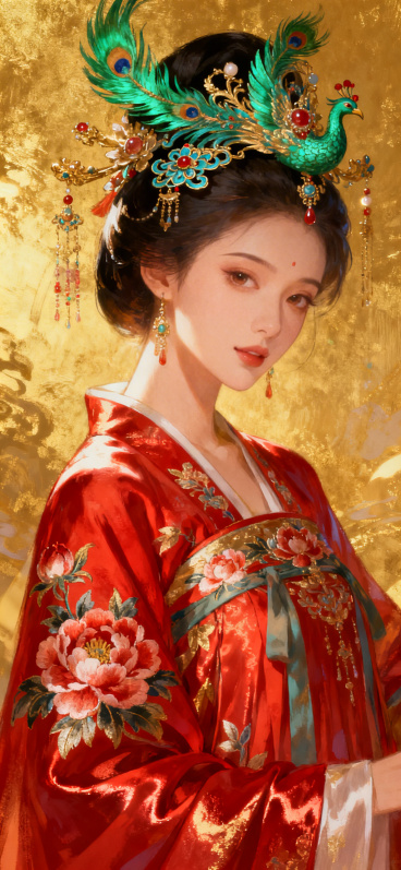 生成一位国色天香的古风贵妃形象，身着海棠红色绣海棠花的华贵襦裙，头戴点翠镶珠凤钗，眉眼含情，气质娇媚预览效果