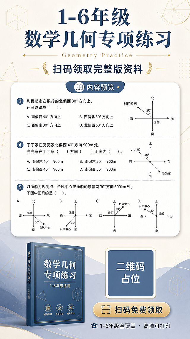 设计一张小学数学几何专项练习资料领取海报，竖版9:16，高级简约教育风格，雾霾蓝+奶白+浅金配色，质感精致。

顶部大标题："1-6年级数学几何专项练习"，字体高级大气，下方加英文小字"Geometry Practice"和细金线分隔，副标题："扫码领取完整版资料"。

中间主体区域展示一张练习册内页预览卡片，白色卡片带柔和阴影，卡片内呈现3道几何选择题的排版样式（参考用户提供的位置与方向题型）：
第3题：利民超市在银行的北偏西30°方向上，还可以说成（ ）。配ABCD四个选项，含方位示意图。
第4题：丁丁家在亮亮家北偏西40°方向900m处……距离为（ ）。配选项。
第5题：以渔船为观测点，台风中心在渔船的东偏南30°方向600km处……下图中正确的是（ ）。配ABCD四个方位坐标图。
题目排版清晰，图形简洁专业。卡片上方标注"内容预览"标签。

底部区域：左侧放一本精装练习册立体书，封面写"数学几何专项练习"；右侧放二维码占位符（纯色方块+中央"二维码占位"文字，严禁生成可识别二维码）；底部有行动按钮"扫码免费领取"和小字"1-6年级全覆盖 · 高清可打印"。

背景为浅米色/奶白色渐变，极淡几何线条装饰，整体留白充足，高级专业。画面中所有信息区域必须填充完整合理内容，不得出现空白框。画面中所有数字必须精确渲染。版式精美，层级分明，2K分辨率。