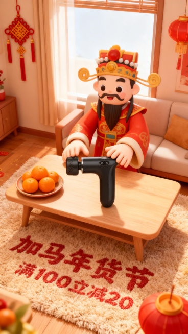 3d卡通风格，客厅景观。Q版巨大灶王爷（形象软萌）从窗户外探身进来，双手把图中主体放在客厅桌上（桌面摆放橘子、果盘），客厅装饰中国结、灯笼元素，暖色调喜庆氛围，画面底部毛绒地毯上绣着“加马年货节”“满预览效果