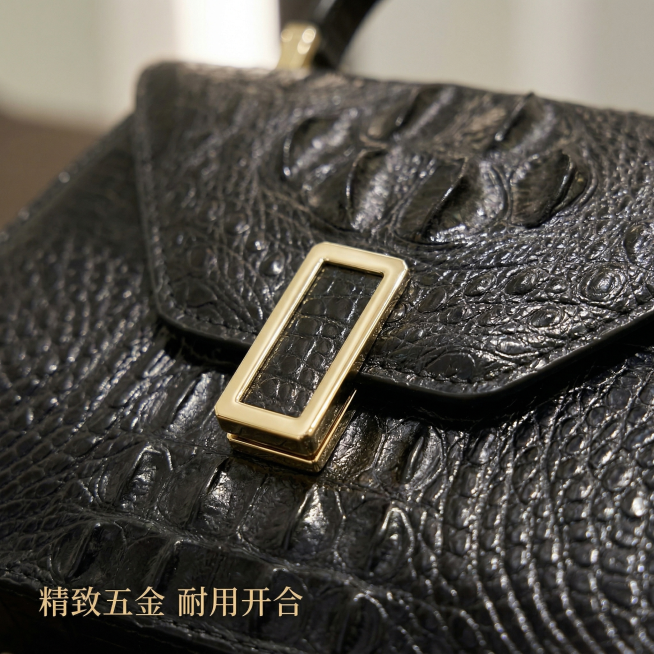 [主图 4] 五金锁扣细节展示图，[氛围/风格] 精致轻奢，特写突出工艺质感，柔和光影。[画面元素] 特写展示包包正面的方形金色五金锁扣，清晰呈现五金抛光光泽和品牌工艺，皮质纹理也同步展示，产品细节严预览效果