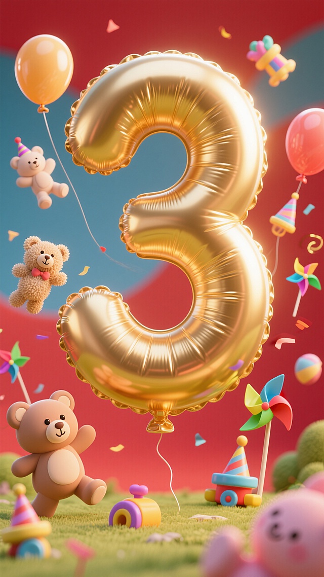 巨大的金色数字“3”的气球，可爱玩具元素悬浮在周围，暖色调，生日氛围，红色背景