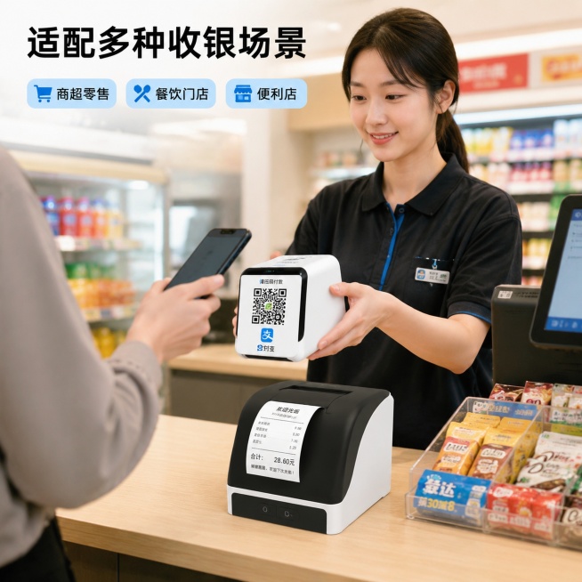 [主图-4] 便利店收银场景体验展示图
[氛围风格] 真实生活化商业场景风格
[画质] 商业摄影质感，场景氛围真实自然，产品清晰突出，画面通透干净
[元素] 展示便利店收银台场景，收银台上摆放扫码盒子预览效果