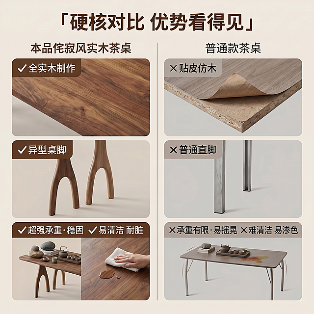 将原图中"原创异型桌脚"修改为"异型桌脚"，保持其他所有内容、版式、位置、颜色、字体完全不变：硬核对比优势看得见，左列为侘寂风实木茶桌，右列为普通款茶桌，第一行✓全实木制作 ×贴皮仿木，第二行✓修改为"异型桌脚" ×普通直脚，第三行✓超强承重·稳固 ✓易清洁 耐脏，右列第三行×承重有限·易摇晃 ×难清洁 易渗色。保持所有图片、排版、配色、光影不变，只修改对应文字内容，保持文字位置、大小、颜色和原来一致。1:1比例，2k分辨率，文字清晰可辨，超高清。