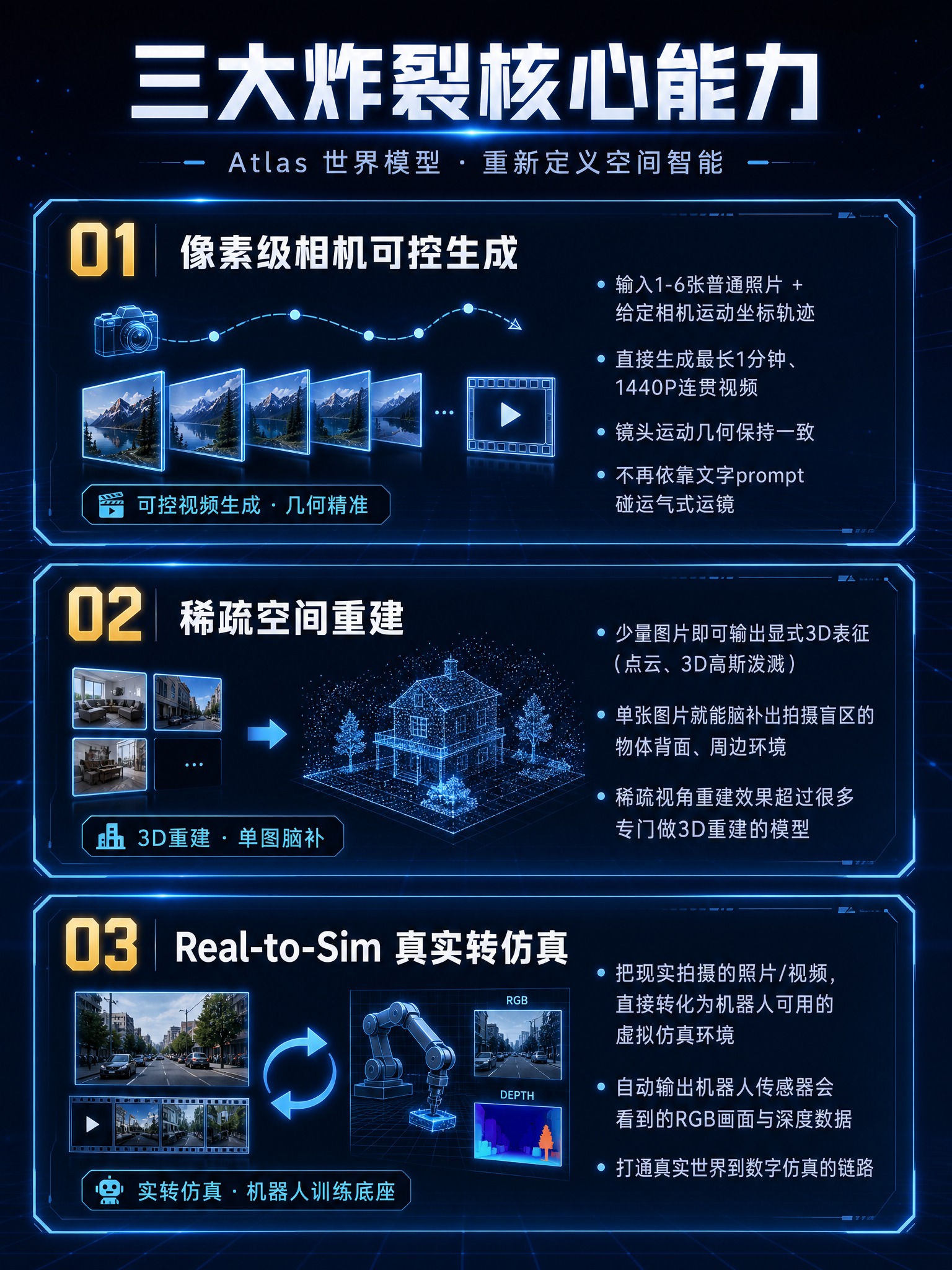 科技深邃深蓝色背景的Atlas三大核心能力解析图，竖版3:4比… - 图片创意预览