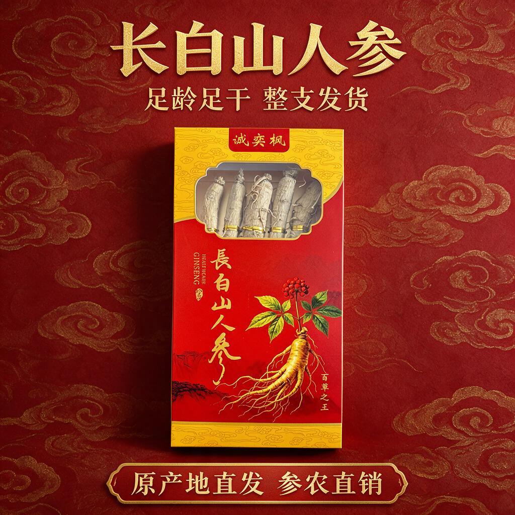 抖音电商主图，1:1正方形，长白山足龄人参礼盒装，品牌诚奕枫，… - 图片创意预览