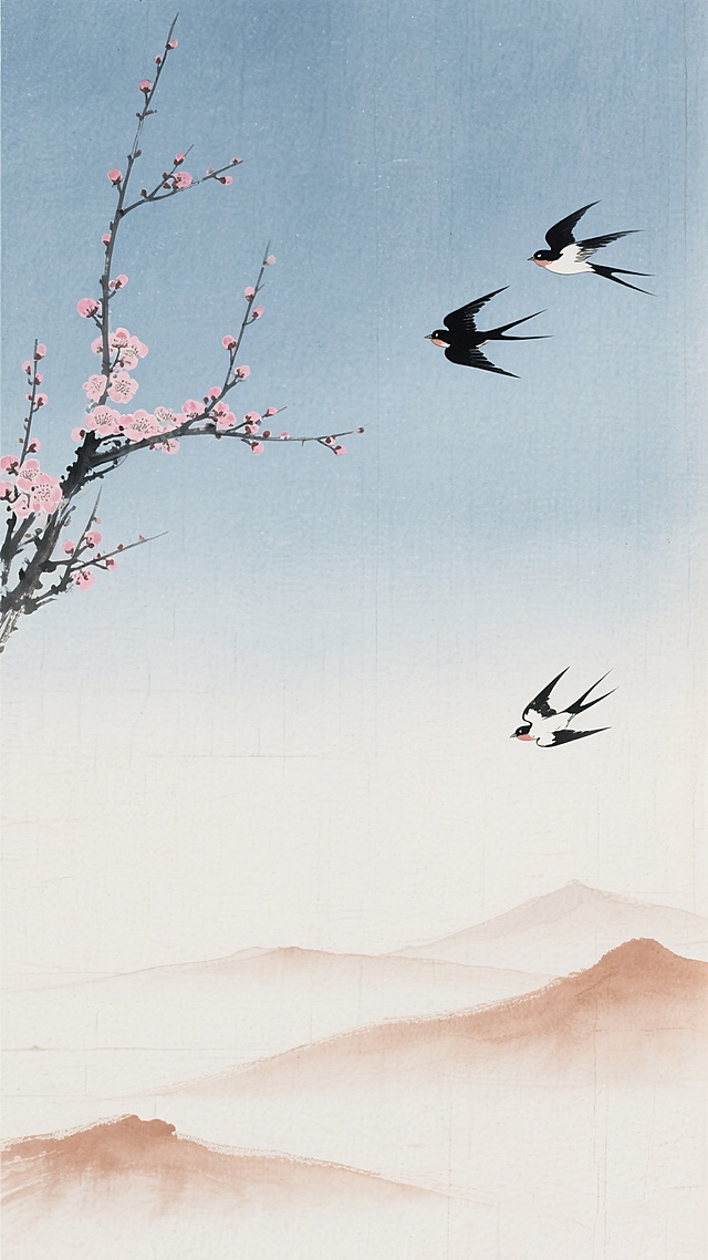 中国水墨画风格，以淡雅的墨蓝色为基调，画面左上角绘有疏朗的梅花枝干，点缀着含苞待放的粉红梅花，右下角远山层叠，以浅赭石色晕染出朦胧意境，两只黑色飞鸟呈“人”字形掠过天际，背景为带有细微宣纸纹理的米白色，整体构图空灵悠远，留白恰到好处，营造出清冷高洁的文人气息，笔触细腻柔和，墨色浓淡层次分明，具有传统工笔与写意结合的韵味。
