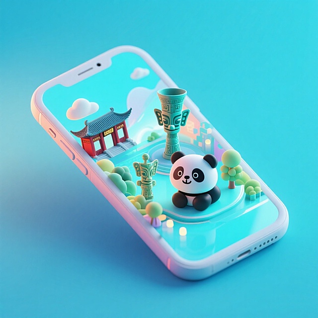 软3D风微缩艺术场景，熊猫与古风元素萌趣结合，清新梦幻，节日氛围浓厚。