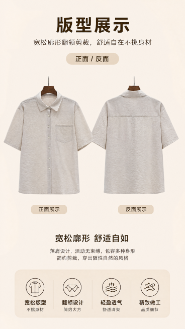 [第3屏] 版型展示，左右分放正面反面，使用【图1】【图2】，保留产品颜色结构，介绍宽松廓形翻领剪裁，浅米背景，9:16，4K，文字清晰。预览效果