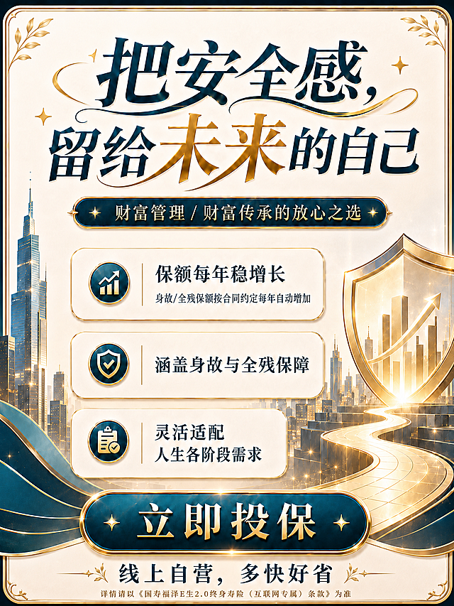 保持图片中所有原有内容、文字、背景、图标、排版、颜色和奢华金蓝风格完全不变，仅做两处修改：1. 将图片尺寸调整为宽825像素、高1080像素；2. 在图片底部合适的空白位置添加一行很小的深金色小字，文字内容为“详情请以《国寿福泽E生2.0终身寿险（互联网专属）条款》为准”，该行小字在画面中严格水平居中对齐，字体要小且与米白背景和整体金蓝奢华色调相衬不突兀，不遮挡原有任何元素。
