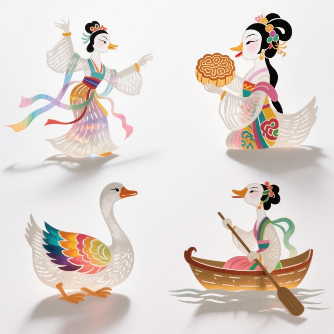 4个明亮的彩色拟人化白鹅版嫦娥素材（2X2规整排布），带有不同动作：1、跳舞，2、吃月饼，3、坐着，4、划船。纯白色背景预览效果