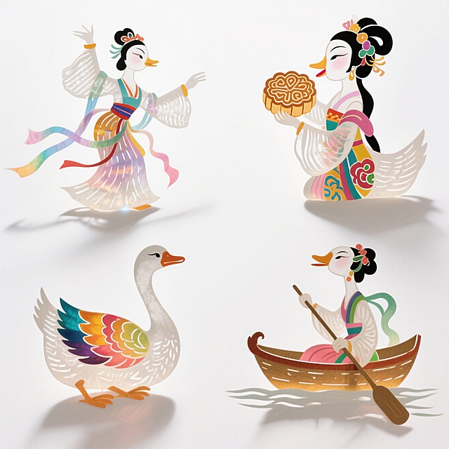 4个明亮的彩色拟人化白鹅版嫦娥素材（2X2规整排布），带有不同动作：1、跳舞，2、吃月饼，3、坐着，4、划船。纯白色背景