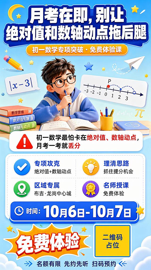 K12初一数学月考提分课程招生海报，竖版9:16，明亮黄+天蓝配色，活泼专业的教育风格。

画面顶部居中是超大粗体主标题："月考在即，别让绝对值和数轴动点拖后腿"，白字配深蓝色渐变底，视觉冲击力强。

主标题下方是副标题标签："初一数学专项突破 · 免费体验课"，橙黄色圆角标签承载。

画面中上部配3D卡通风格的初中学生形象：一个戴眼镜的男生专注思考数学题，旁边有数轴、绝对值符号等数学元素漂浮，背景是浅蓝到米白的渐变，点缀星星、铅笔、书本、纸飞机等童趣装饰。

中部是痛点文案区，白底圆角卡片："初一数学最怕卡在绝对值、数轴动点，月考一考就丢分"，配红色警示小图标。

往下是课程亮点区，4个图标+短文字标签横排两列：
"专项攻克 绝对值+数轴动点"
"理清思路 抓住提分机会"
"区域专属 布吉·龙岗中心城"
"名师授课 免费体验"
每个标签配对应小图标（对勾、灯泡、定位、奖牌）。

再往下是时间信息卡片，蓝底白字圆角矩形："时间：10月6日-10月7日"，数字"10月6日-10月7日"加大加粗突出。

底部是报名引导区，左侧橙黄色爆炸贴写"免费体验"，右侧二维码占位符（纯色方块中央标注"二维码占位"文字），下方配文字"名额有限 先约先听 扫码预约"。

整体版式精美，信息层级分明，四周留安全边距，色彩明快有活力，符合K12教育培训海报风格。

画面中所有数字必须精确渲染，不得错位、遗漏或编造。
画面中所有信息区域、课程亮点、时间卡片等必须填充完整合理的内容，不得出现空白框或待填写区域。
画面中所有二维码区域使用纯色方块占位符呈现，方块中央标注"二维码占位"文字，严禁生成任何可识别的二维码图案。