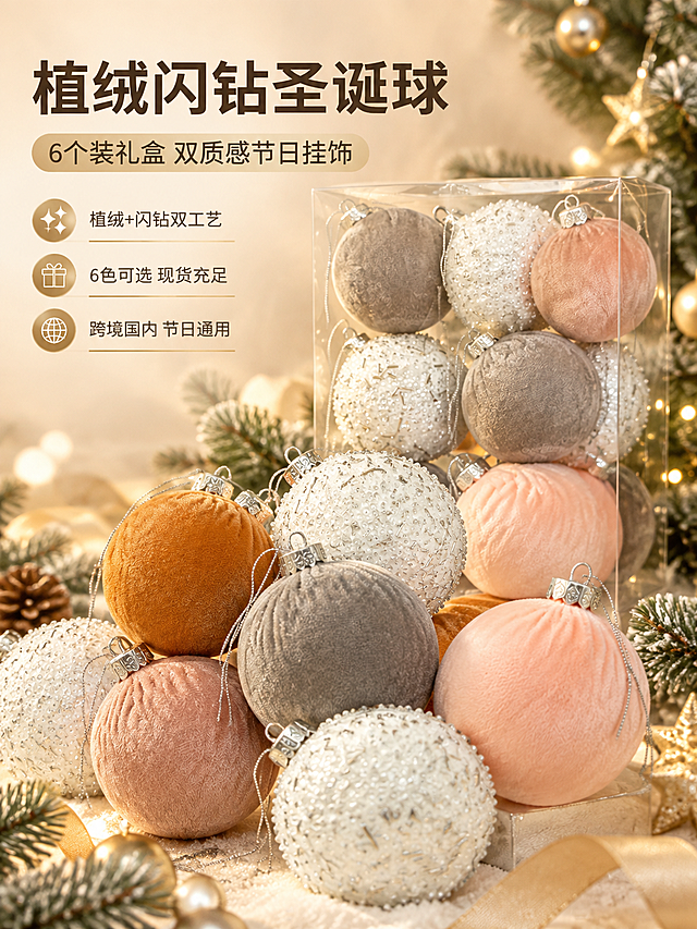 [商品] 使用【图1】【图2】【图4】【图5】【图7】圣诞装饰球；保留植绒+闪钻双质感、银色金属挂帽、挂绳、透明PVC礼盒包装结构，保留各款颜色（灰/蜜桃粉/焦糖橙/豆沙粉/白），不改变球型比例和材质纹理。
[画面] 目标：氛围头图，突出圣诞球套装的高级节日质感与多色价值。构图：居中偏上主体，多色圣诞球错落堆叠在前景，背景是虚化的松枝、暖金色光斑和浅米色背景板，左侧留白放文案。主体占画面60%，前中后景三层：前景圣诞球实焦、中景松枝点缀、背景暖光晕染。
[视觉] 套系策略：风格=温馨高级节日商业摄影；标题字=现代粗黑体；正文字=简洁无衬线体；主色=暖金+米杏；背景延展=基于米杏色做深浅渐变、同色系柔光质感；强调色=暖金色，仅用于小面积图标、引线和装饰线条；标题色=深棕灰；正文色=中暖灰；组件=圆角浅金信息卡、细金线引线；光影=左前侧暖柔光，球体质感清晰，阴影柔和。
[文字] 左上留白放主标题「植绒闪钻圣诞球」，副标题「6个装礼盒 双质感节日挂饰」，下方3个短卖点：植绒+闪钻双工艺 / 6色可选 现货充足 / 跨境国内 节日通用。文字横排，不遮挡球体主体。
[规格] 图片比例3:4竖版，4K分辨率，避免变形、错字、文字过小、冷蓝背景、球体颜色失真、材质改变。