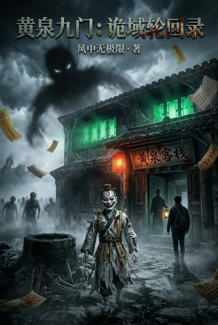 去掉书名的《》，将“黄泉九门：诡域轮回录”字体调整为以黑灰白为主色调，融入惨绿、血红、暗金的色彩细节，营造破败死亡又惊悚的氛围预览效果