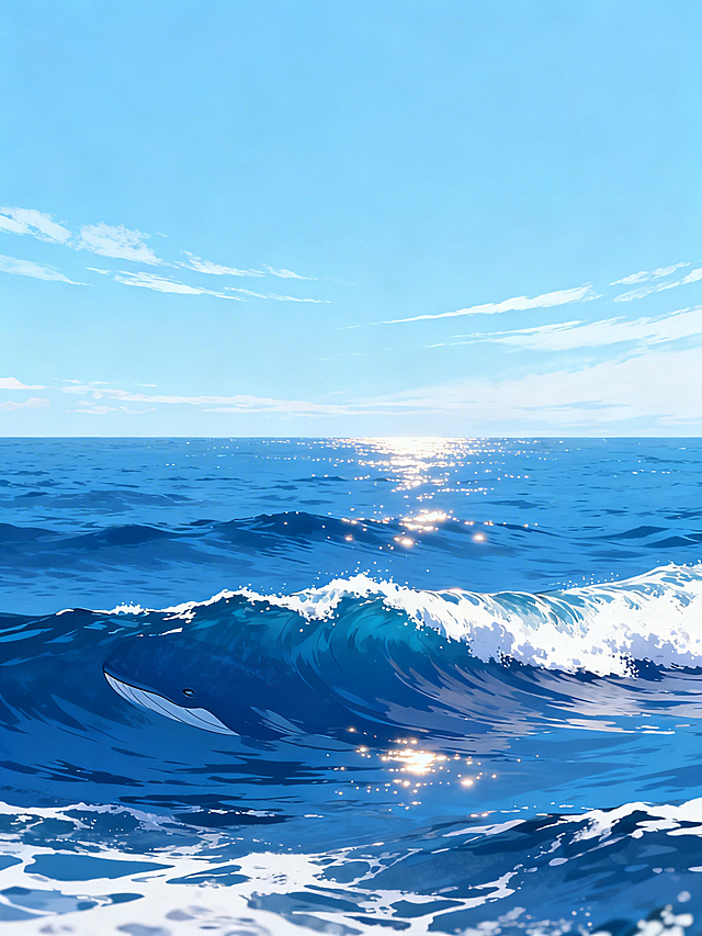 动漫风格，广阔的深蓝色大海，海面翻涌着柔和的白色浪花，澄澈的淡蓝色天空飘着几缕薄云，阳光洒在浪尖上泛着细碎的金光，整体氛围清新治愈，和之前的鲸鱼主题大海画面风格完全一致，3:4比例