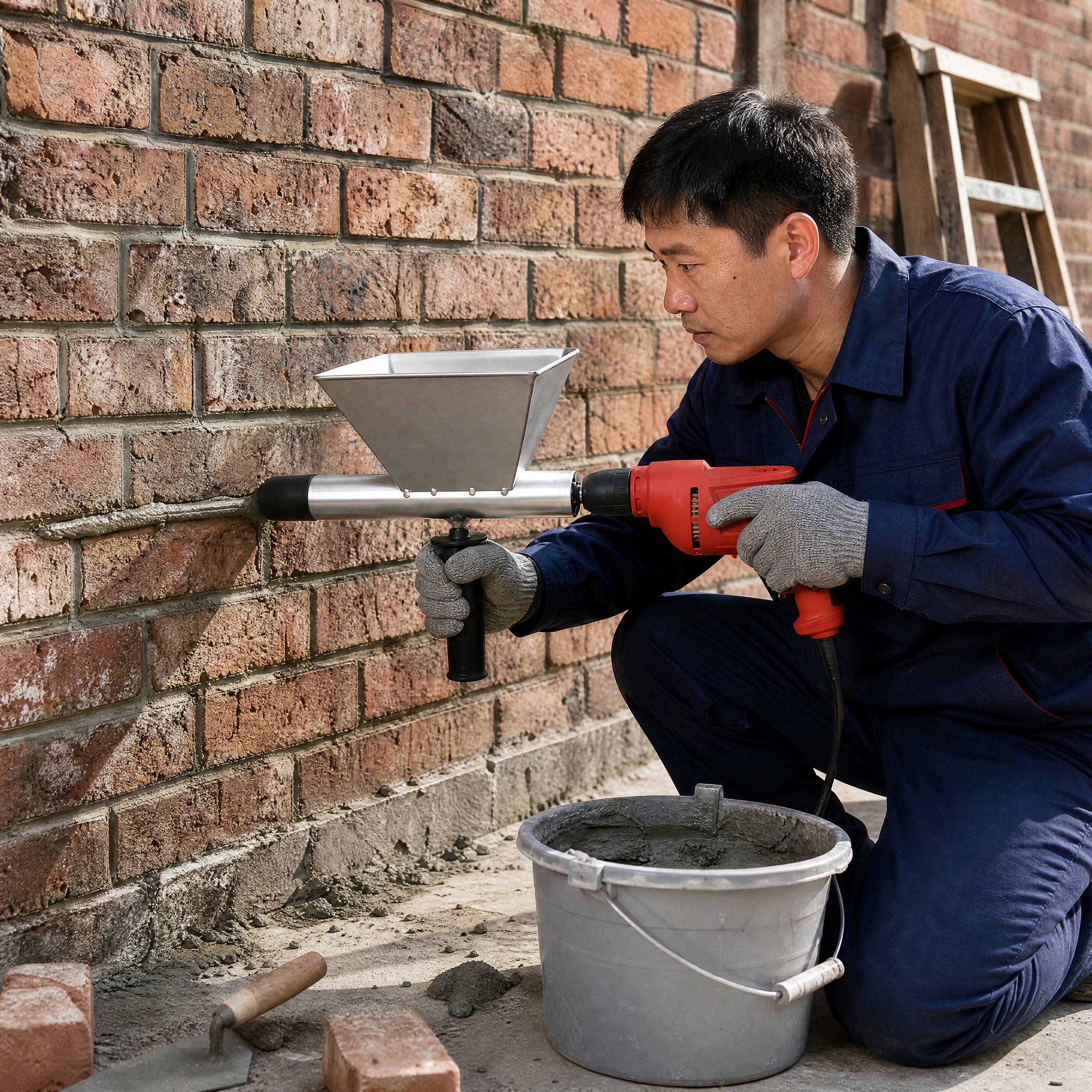 超写实工业施工场景摄影。 主体：电动填缝枪（水泥灌浆器）严格参… - 图片创意预览