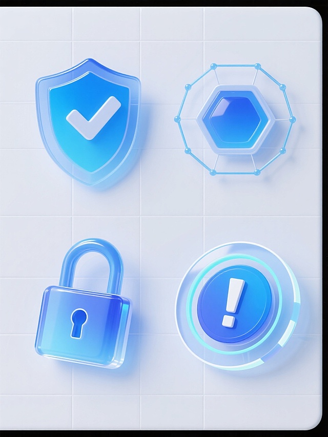一套4个不同造型的防护元素系列图标，保持3D立体风格，透明渐变蓝色调，光滑高亮质感，白色背景，规整网格排布。第一个是带对勾的经典盾牌造型，第二个是六边形防护网包裹的圆形内核，第三个是立体锁形图标带反光效果，第四个是双层环形防护圈带中心感叹号标志，所有元素均具有相同的光影处理和半透明外发光效果，整体呈现科技感安全防护主题。
