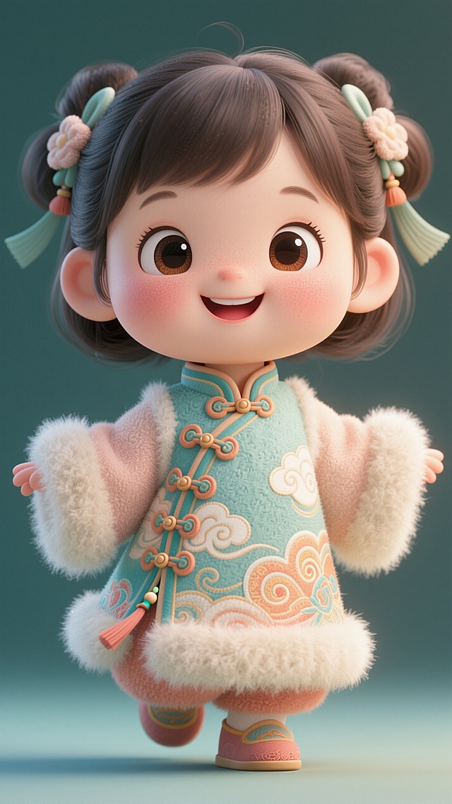 Q版3D动漫小女孩，头身比2：1，身穿改良唐元素衣服，软润可爱的造型