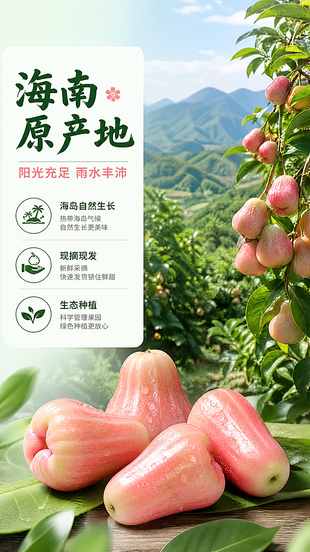 [第2屏] 海南产地展示屏-海南黑金刚莲雾核心产区介绍。将莲雾颜色调整为浅粉渐变到淡红的柔和色调。
[氛围/风格] 自然生态风格，清新绿色调，实景远山果林氛围，商业摄影质感。
[元素布局] 画面右侧为海南热带果林实景，郁郁葱葱的莲雾果树挂果，远景是连绵青山蓝天；左侧为文字信息区，预留足够排版空间；下方放置3-4颗完整莲雾产品保持用户产品图形状，调整为浅粉渐变淡红色调。保持莲雾形状与用户产品图一致。
[光影质感] 自然光从左侧照射，果林整体明亮通透，果实表面带自然水珠光泽，远近层次分明。
[配色色系] 全局底色：#F0F9F0（浅绿）；主体配色：深绿山林 + 浅粉淡红莲雾；文字保持深绿色和淡红色，延续上屏方案。
[视角构图] 左文右图结构，果林背景占据右侧70%区域，果实放置在底部前景，增加层次感。
[文字版式] 左侧上方大标题「海南原产地」深绿色，下方副标题「阳光充足 雨水丰沛」淡红色；再往下三点文字信息：「海岛自然生长」「现摘现发」「生态种植」，每点配绿色小图标。延续上屏圆角书法标题字体+无衬线正文字体，字色字效保持一致，色块底衬承载信息。
[比例分辨率] 9:16竖版比例，4K分辨率，文字清晰可辨，超高清。
[负向提示词] 莲雾变形，颜色不正，文字模糊，背景杂乱，水印。