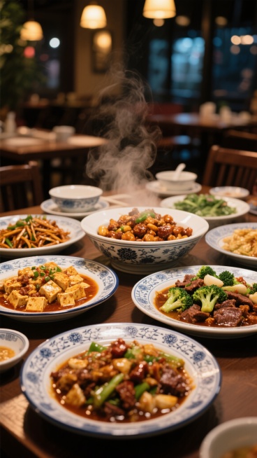 一张摆满中式炒菜的餐桌特写，菜品变换为麻婆豆腐、鱼香肉丝、宫保鸡丁、水煮牛肉和蒜蓉西兰花，热气腾腾的菜肴盛放在各式中式瓷盘中，色彩鲜艳的食材与浓郁的酱汁相映，背景是夜晚餐厅的温馨灯光与模糊的桌椅，整体呈现出温暖诱人的美食氛围，采用写实风格，光影柔和，突出食物的质感与细节，无LOGO、电话地址及二维码。预览效果