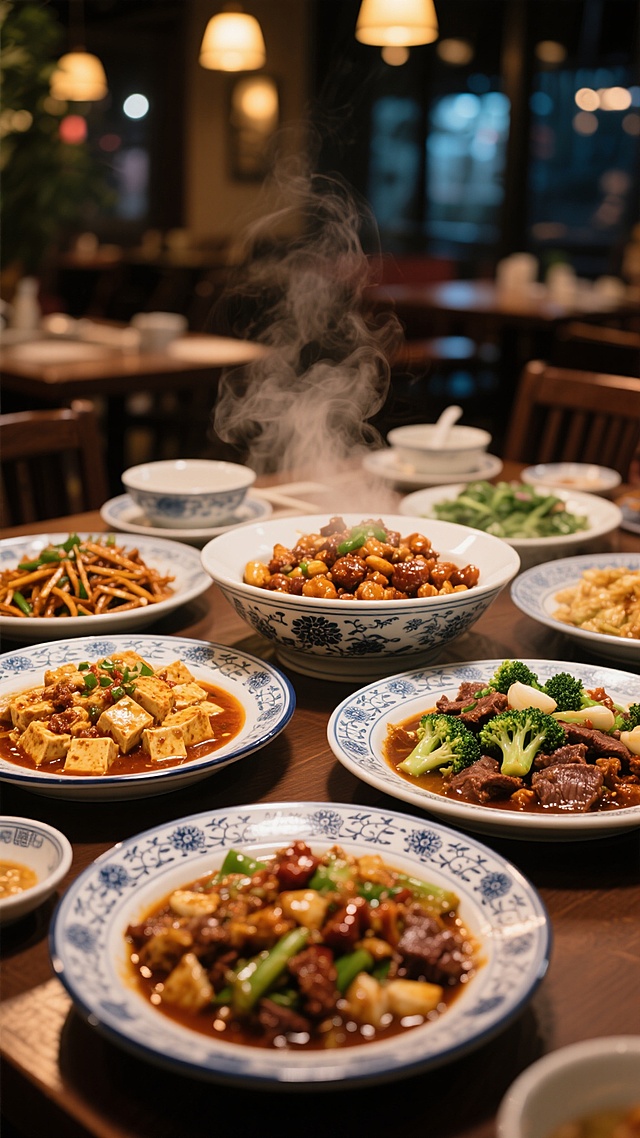 一张摆满中式炒菜的餐桌特写，菜品变换为麻婆豆腐、鱼香肉丝、宫保鸡丁、水煮牛肉和蒜蓉西兰花，热气腾腾的菜肴盛放在各式中式瓷盘中，色彩鲜艳的食材与浓郁的酱汁相映，背景是夜晚餐厅的温馨灯光与模糊的桌椅，整体呈现出温暖诱人的美食氛围，采用写实风格，光影柔和，突出食物的质感与细节，无LOGO、电话地址及二维码。