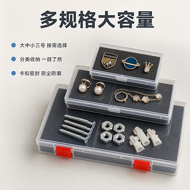 [主图-2] 透明海绵内衬收纳盒容量与分类展示，突出大容量多规格收纳能力。
[统一基调] 抖音电商收纳品类风格，简约高级家居风，背景主色为浅米白+浅灰渐变，标题字色为深炭灰色，辅助字色为中灰色，强调色为雾霾蓝，字体为无衬线粗体，字号层级分明，卡片用细圆角浅灰描边，整体干净明亮有秩序感。
[画面] 画面展示三个不同尺寸的透明方形收纳盒，从大到小整齐叠放陈列，最大的盒子在下方带红色卡扣锁扣，中号和小号叠放在上方呈阶梯状排列，每个盒子都有深灰色海绵内衬。盒内示意性放置一些小物件如徽章、首饰、小零件等，展示分类收纳效果。产品占画面约70%，视角为正俯视微倾斜，背景为浅灰色桌面。左侧和上方留出文字空间。
[光影质感] 商业摄影质感，均匀柔和的顶光照明，每个盒身都有通透的边缘高光，叠放处有自然的遮挡阴影，海绵内衬纹理细腻可见，红色卡扣颜色鲜艳突出，整体光影均匀干净。
[配色] 主背景浅灰桌面+浅米白墙面，产品透明+深灰海绵+红色卡扣点缀，文字深炭灰+雾霾蓝，红色卡扣作为视觉亮点。
[文字版式] 顶部居中主标题大字写"多规格大容量"，下方分三行小字分别写"大中小三号 按需选择""分类收纳 一目了然""卡扣密封 防尘防潮"，每行文字前加一个雾霾蓝小圆点图标，文字排版整齐不遮挡产品。
[输出要求] 比例1:1，文字清晰可读，产品清晰不变形，无错字，无水印，无平台Logo，无杂乱元素，叠放关系自然真实。