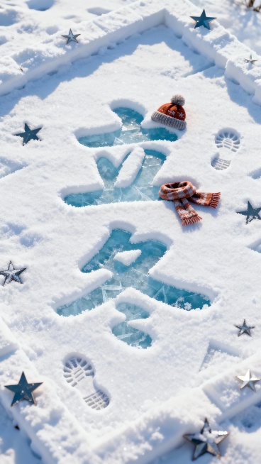 俯视视角，画面主视觉是雪地中的 “立冬”文字（字体圆润可爱），文字部分像被踩踏，露出淡蓝色冰面。雪质细腻带自然纹理，装饰帽子、围巾、足迹，搭配雪堆成的几何线条、星星元素作为边框。预览效果