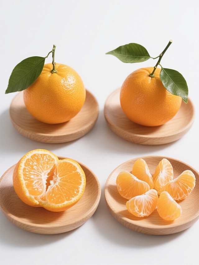 一套4个规整排布的素材，保持超写实摄影风格，主体为不同造型样式的橘子，包括完整带叶橘子、剥开一半的橘子、橘子瓣组合、带枝橘子，均放置于浅木色托盘上，橘子呈现饱满鲜亮的橙黄色，表皮光滑有自然光泽和细微纹理，果肉晶莹剔透，绿色叶子新鲜有叶脉细节，背景为纯白色纯色背景，无任何文字、logo和水印，光影为柔和自然光从斜上方照射，形成清晰自然的明暗对比和细腻阴影，整体画面干净整洁，色彩真实鲜艳，构图均衡对称。