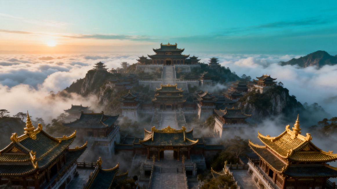 大片史诗感，云雾飘动，缓慢推进穿过云层，看到建筑细节预览效果