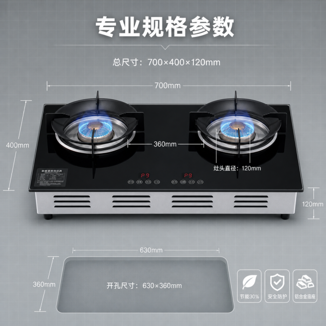 [主图-5] 家用矿物油灶规格参数 - 专业尺寸展示
[氛围风格] 专业产品技术图，清晰准确；
[画质] 商业级高清摄影质感，尺寸标注精确清晰；
[元素] 矿物油灶正面完整展示，黑色玻璃面板与自然铝合预览效果