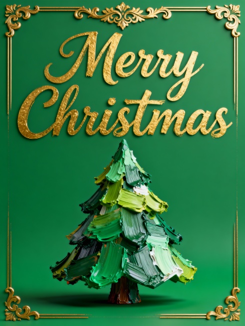 油漆画，顶部金色的手绘英文字体书写着 “Merry Christmas” ，金色欧式装饰边框，绿色背景预览效果
